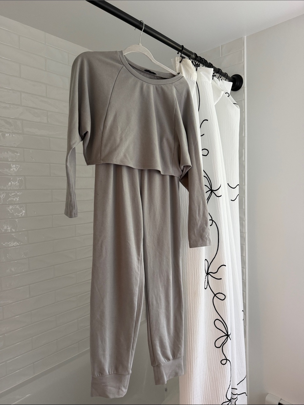 Paper Crane Long-Sleeve Two-Piece Lounge Dress in Taupe Gray